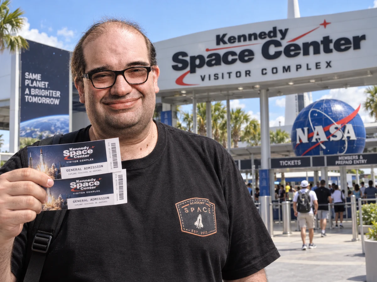Ingressos apresentados em frente à entrada do Kennedy Space Center Visitor Complex